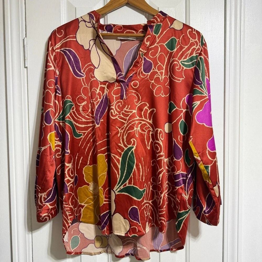 Natori satin pajama pant set rust floral cropped flowy top size large